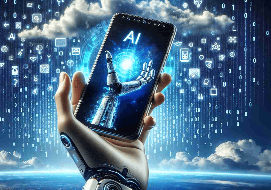 Illustration of a hand holding an AI smartphone