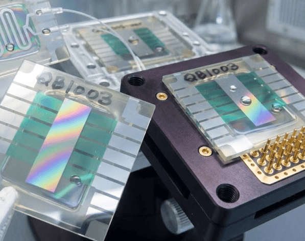 Quantum battery prototype chips labelled QB1003 in a lab