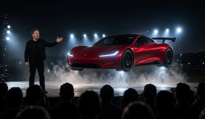 Illustration of a red Tesla Roadster hovering above a stage