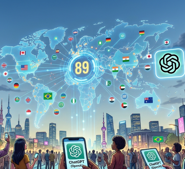 Illustration of a world map with the number 89 and people holding phones showing ChatGPT