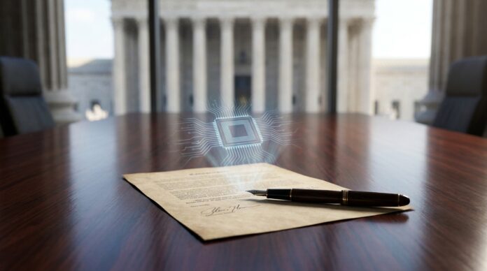 Signed document and fountain pen on a conference table with a glowing AI chip above it