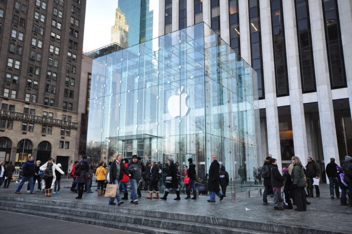 The glass cube entrance of the Apple Store on Fifth Avenue in New York