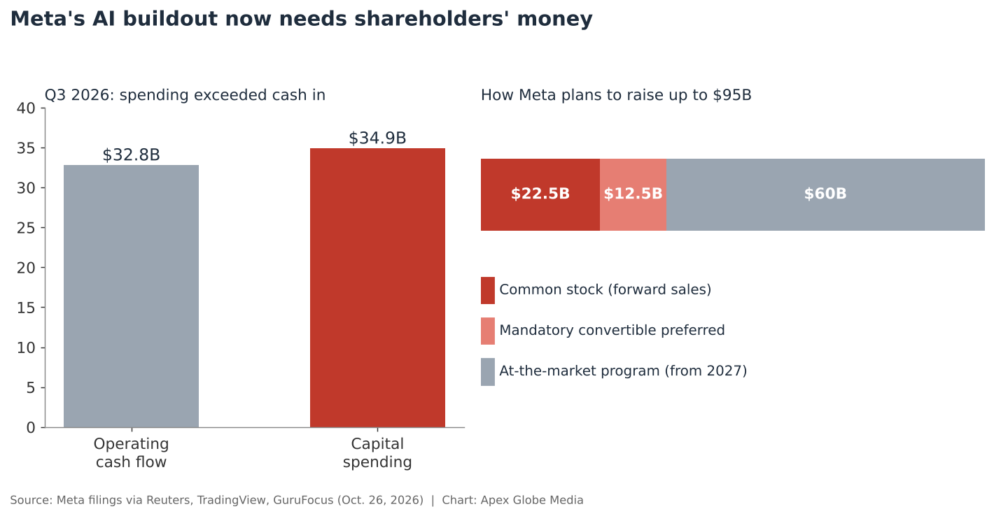 Two charts: Meta's Q3 2026 operating cash flow of $32.8 billion against capital spending of $34.9 billion, and the planned $95 billion raise split into $22.5 billion common stock, $12.5 billion convertible preferred and a $60 billion at-the-market programme