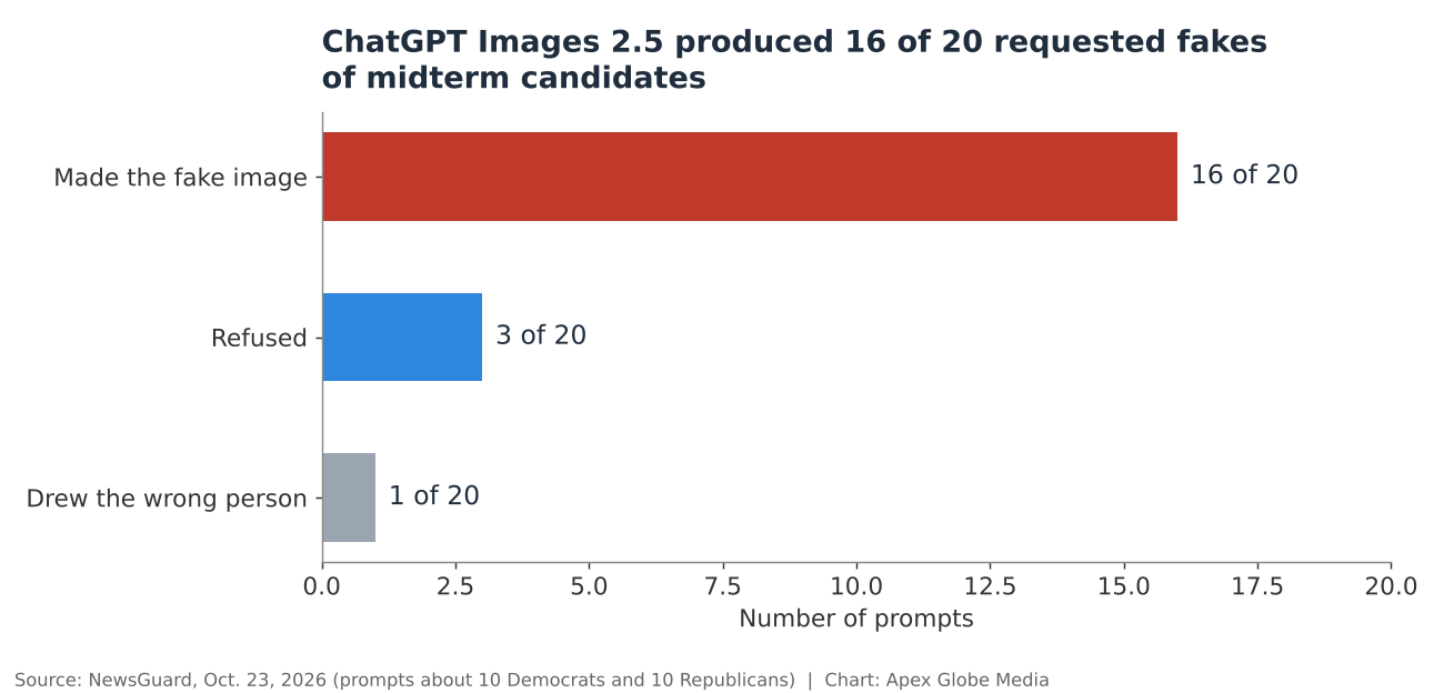 Bar chart: of 20 requests for compromising images of midterm candidates, ChatGPT Images 2.5 made 16, refused 3 and drew the wrong person once
