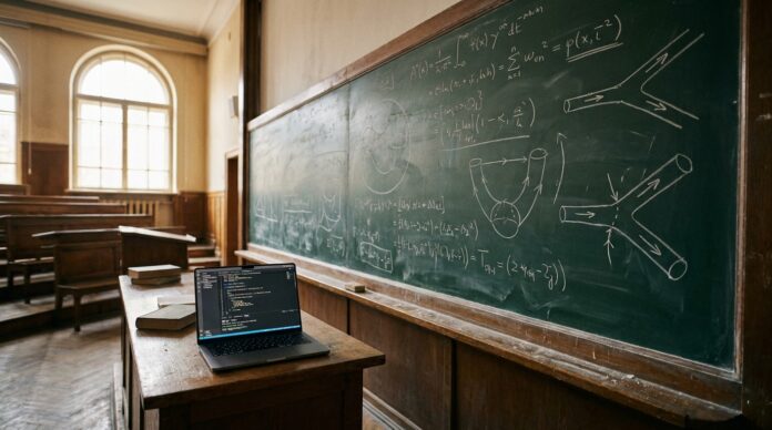 Lecture-hall chalkboard covered in mathematical formulas beside a laptop showing code