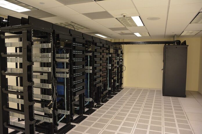 Rows of server racks in a data center