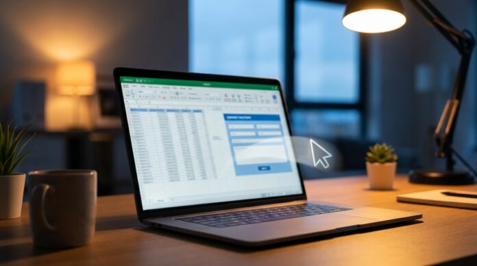 Laptop on an office desk at dusk showing a spreadsheet and a web form, with a cursor moving on its own
