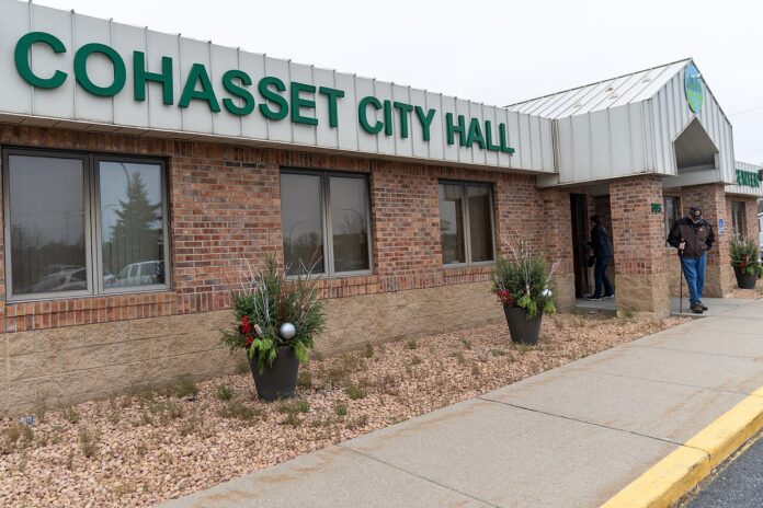 A voter leaving a polling place at Cohasset City Hall, Minnesota