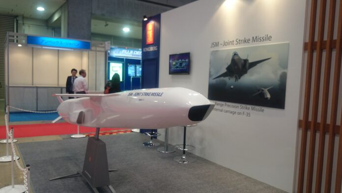 Full-scale mockup of Kongsberg's Joint Strike Missile at a defence exhibition
