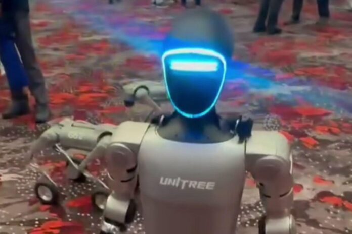 utc A Unitree G1 humanoid robot at a trade show